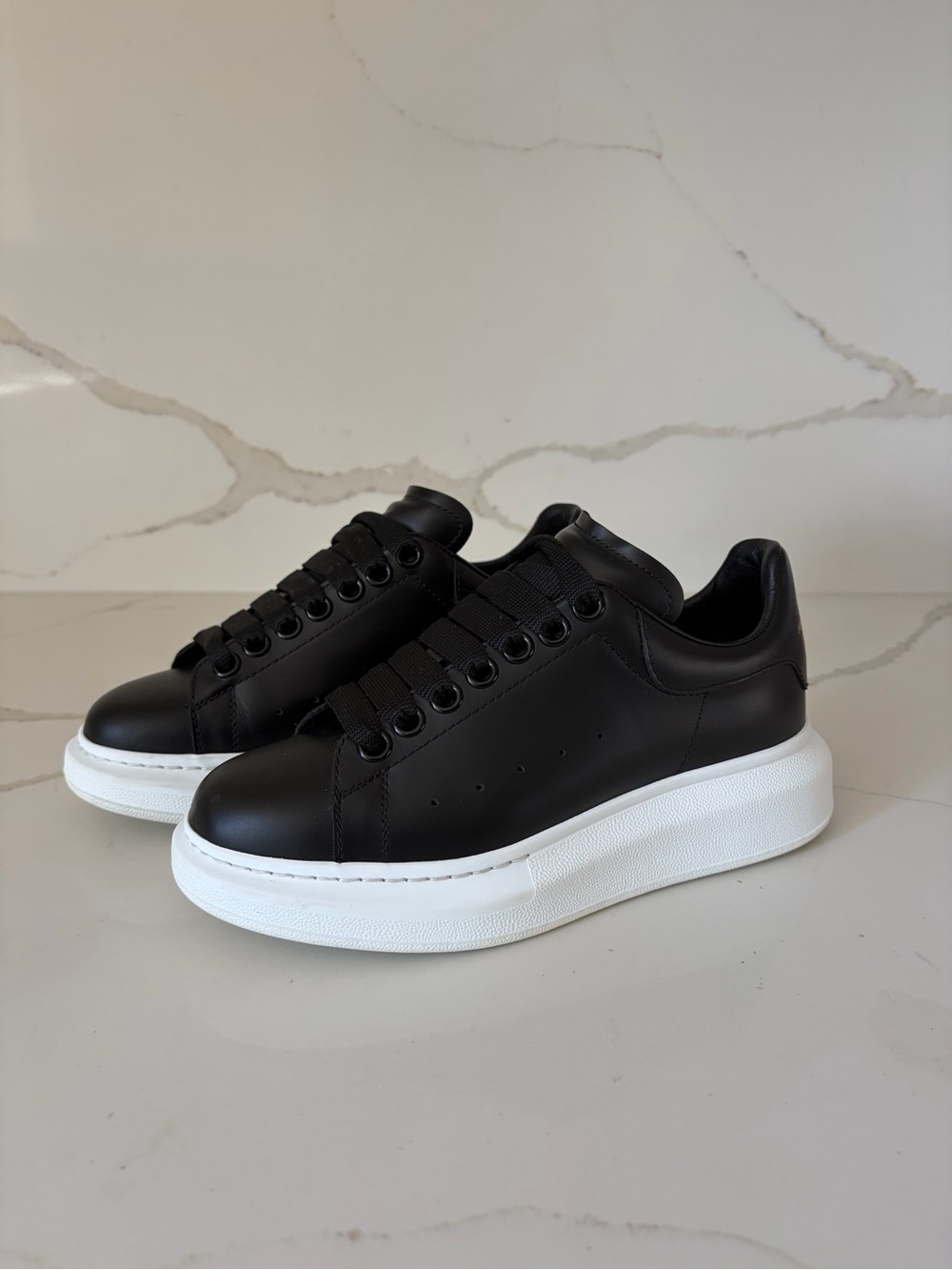 Alexander McQueen Black Leather Platform Sneakers with White Sole